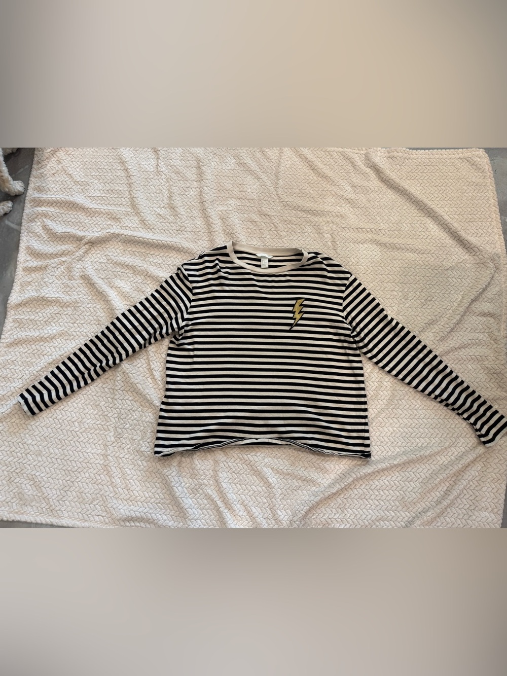 Womenβs Black & White Striped Long Sleeve Top with Gold Lightning Patch